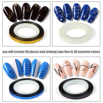60 Colors Nail Striping Tape Lines with 2 Dispensers & Free Roller - MYUBWTF Nail Art Decoration Stickers DIY Nail Tips