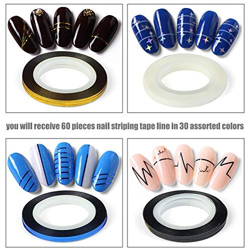 60 Colors Nail Striping Tape Lines with 2 Dispensers & Free Roller - MYUBWTF Nail Art Decoration Stickers DIY Nail Tips - görsel 14