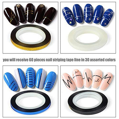 60 Colors Nail Striping Tape Lines with 2 Dispensers & Free Roller - MYUBWTF Nail Art Decoration Stickers DIY Nail Tips