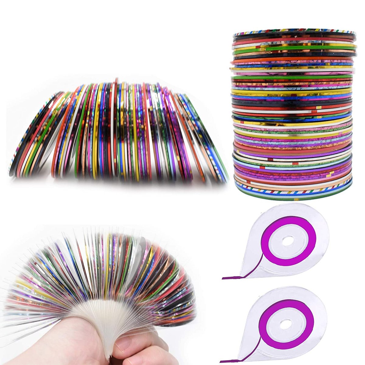 60 Colors Nail Striping Tape Lines with 2 Dispensers & Free Roller - MYUBWTF Nail Art Decoration Stickers DIY Nail Tips - görsel 1