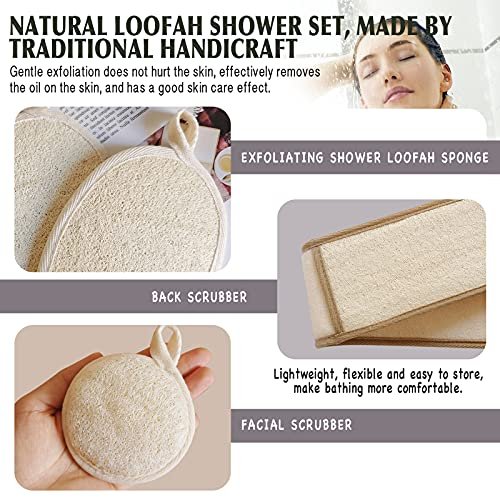 Natural Loofah Sponge Back Exfoliating Scrubber Combo Set – Deep Cleansing Skin & Facial Loofah Pad (3 Piece Set, Brown) Avelisse