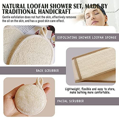 Natural Loofah Sponge Back Exfoliating Scrubber Combo Set – Deep Cleansing Skin & Facial Loofah Pad (3 Piece Set, Brown) Avelisse