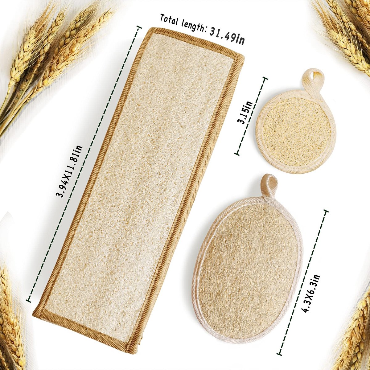 Natural Loofah Sponge Back Exfoliating Scrubber Combo Set – Deep Cleansing Skin & Facial Loofah Pad (3 Piece Set, Brown) Avelisse