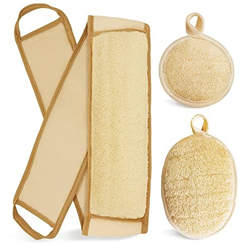 Natural Loofah Sponge Back Exfoliating Scrubber Combo Set – Deep Cleansing Skin & Facial Loofah Pad (3 Piece Set, Brown) Avelisse