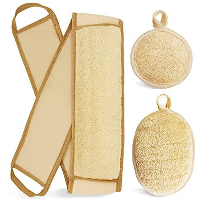Natural Loofah Sponge Back Exfoliating Scrubber Combo Set – Deep Cleansing Skin & Facial Loofah Pad (3 Piece Set, Brown) Avelisse