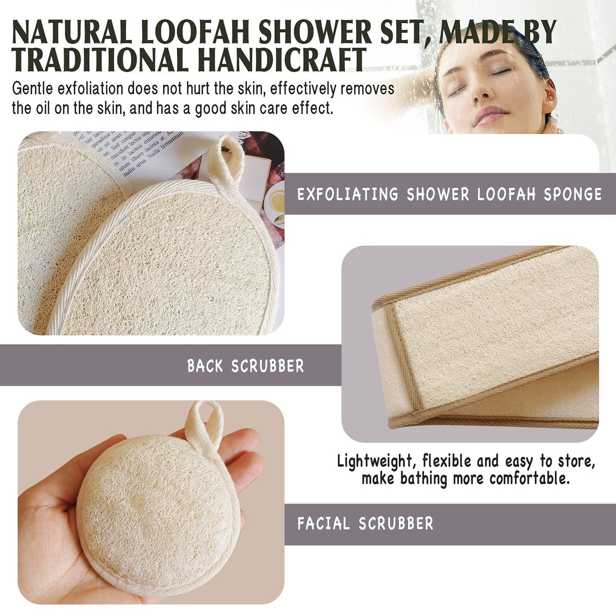 Natural Loofah Sponge Back Exfoliating Scrubber Combo Set – Deep Cleansing Skin & Facial Loofah Pad (3 Piece Set, Brown) Avelisse