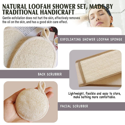 Natural Loofah Sponge Back Exfoliating Scrubber Combo Set – Deep Cleansing Skin & Facial Loofah Pad (3 Piece Set, Brown) Avelisse