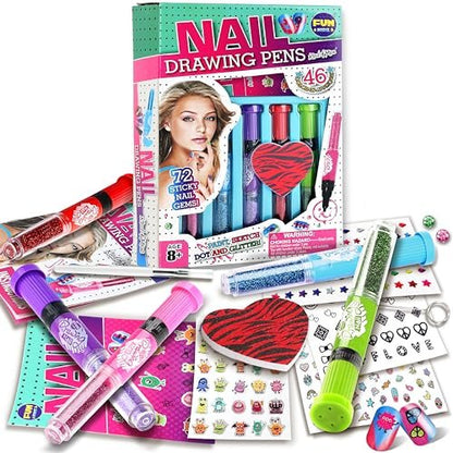 FunKidz Craft Nail Pens Kit for Kids Ages 7-12 – Neon Nail Art Set with Glitter Stickers & Temporary Makeup Avelisse