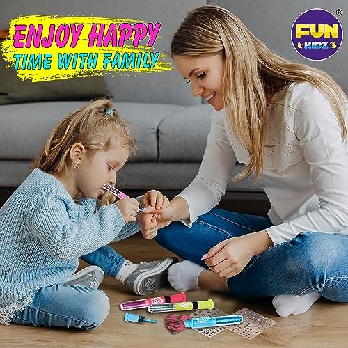 FunKidz Craft Nail Pens Kit for Kids Ages 7-12 – Neon Nail Art Set with Glitter Stickers & Temporary Makeup Avelisse