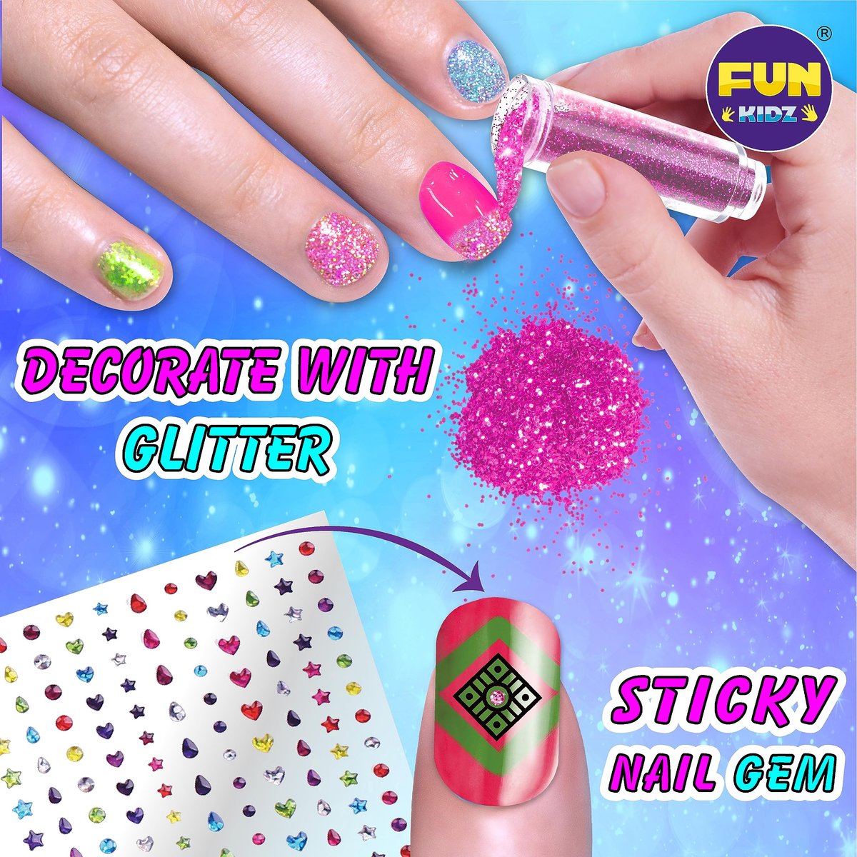 FunKidz Craft Nail Pens Kit for Kids Ages 7-12 – Neon Nail Art Set with Glitter Stickers & Temporary Makeup Avelisse