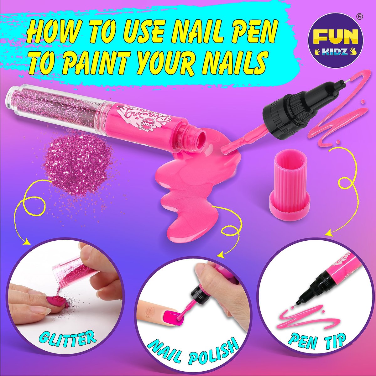 FunKidz Craft Nail Pens Kit for Kids Ages 7-12 – Neon Nail Art Set with Glitter Stickers & Temporary Makeup Avelisse