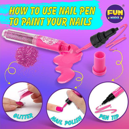 FunKidz Craft Nail Pens Kit for Kids Ages 7-12 – Neon Nail Art Set with Glitter Stickers & Temporary Makeup Avelisse