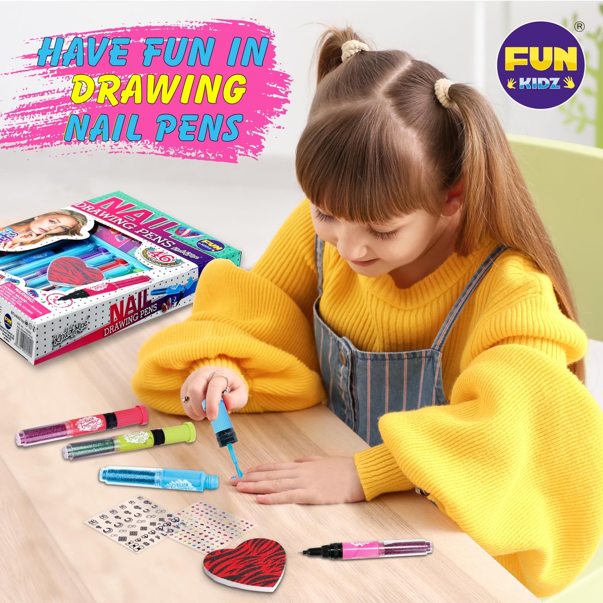 FunKidz Craft Nail Pens Kit for Kids Ages 7-12 – Neon Nail Art Set with Glitter Stickers & Temporary Makeup Avelisse