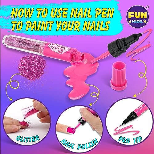 FunKidz Craft Nail Pens Kit for Kids Ages 7-12 – Neon Nail Art Set with Glitter Stickers & Temporary Makeup Avelisse