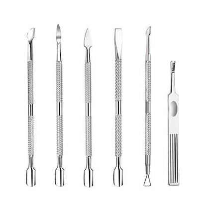 6-Piece Stainless Steel Cuticle Pusher Set - Professional Manicure & Pedicure Tools for Fingernails and Toenails
