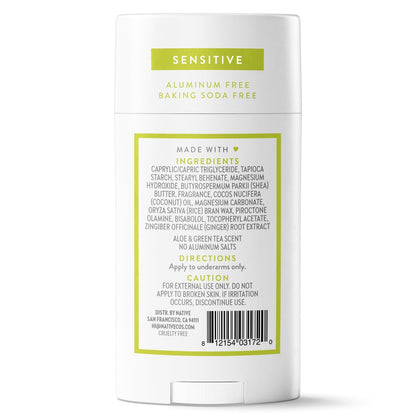 Native Sensitive Deodorant - Aluminum-Free, Baking Soda & Coconut Oil for Sensitive Skin - Aloe & Green Tea, 2.65 oz
