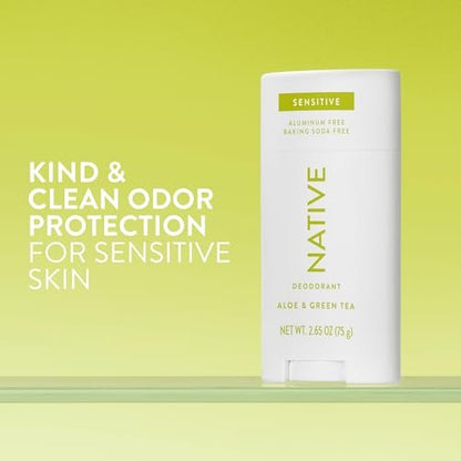 Native Sensitive Deodorant - Aluminum-Free, Baking Soda & Coconut Oil for Sensitive Skin - Aloe & Green Tea, 2.65 oz
