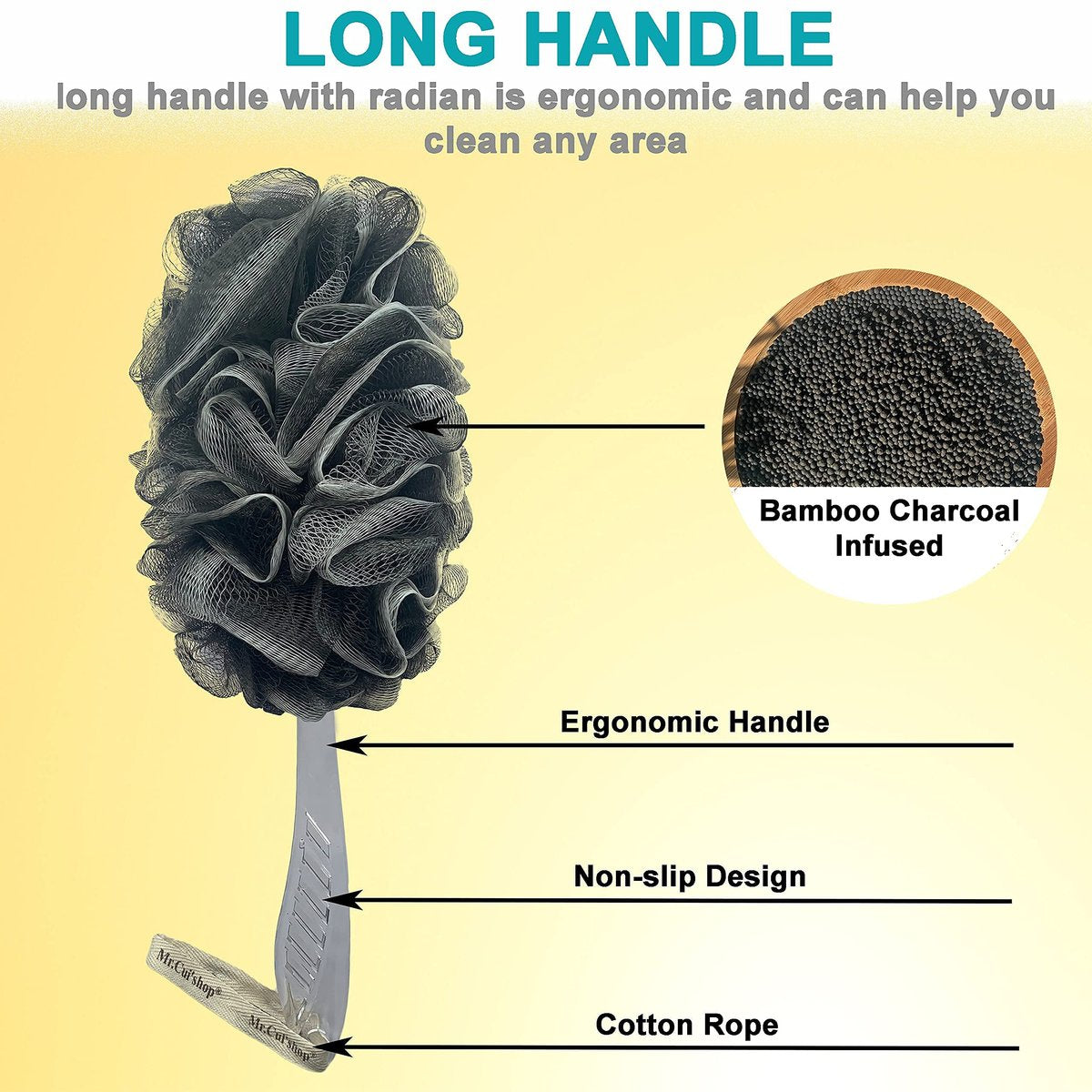 Charcoal Exfoliating Loofah Bath Back Brush On a Stick - 2-Pack Long Handle Body Scrubber for Men and Women - görsel 7