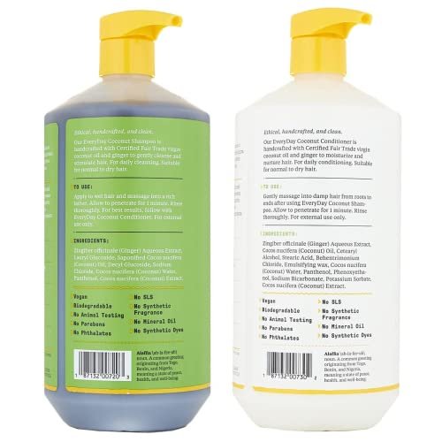 Alaffia EveryDay Coconut Shampoo and Conditioner Set - Normal to Dry Hair, Ginger & Coconut Oil, Fair Trade, 32 Fl Oz (Pack of 2) Avelisse