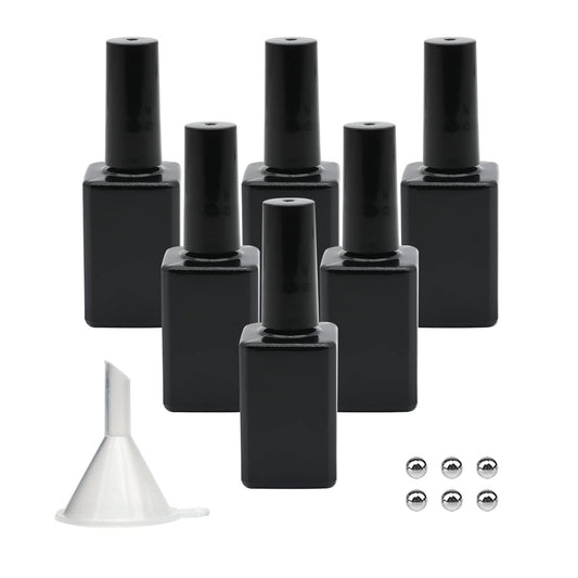 Agidea Empty Nail Polish Bottles with Brush, 15ML Refillable Gel Polish Bottles - Black, Opaque Square Glass, UV Safe with Mixing Balls & Funnels, Pack of 6
