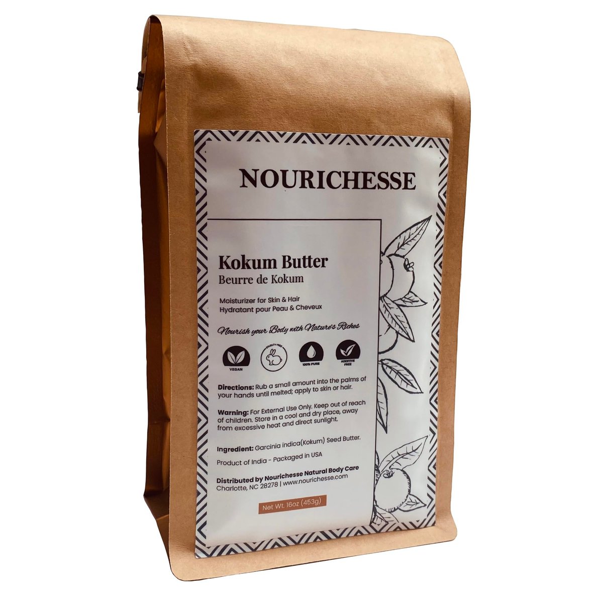 Nourichesse Kokum Butter - 1 LB (16oz) Block. Pure, Unrefined Butter for Skin & Hair Moisturizer. DIY Soap, Balm, Cream Base. - görsel 1