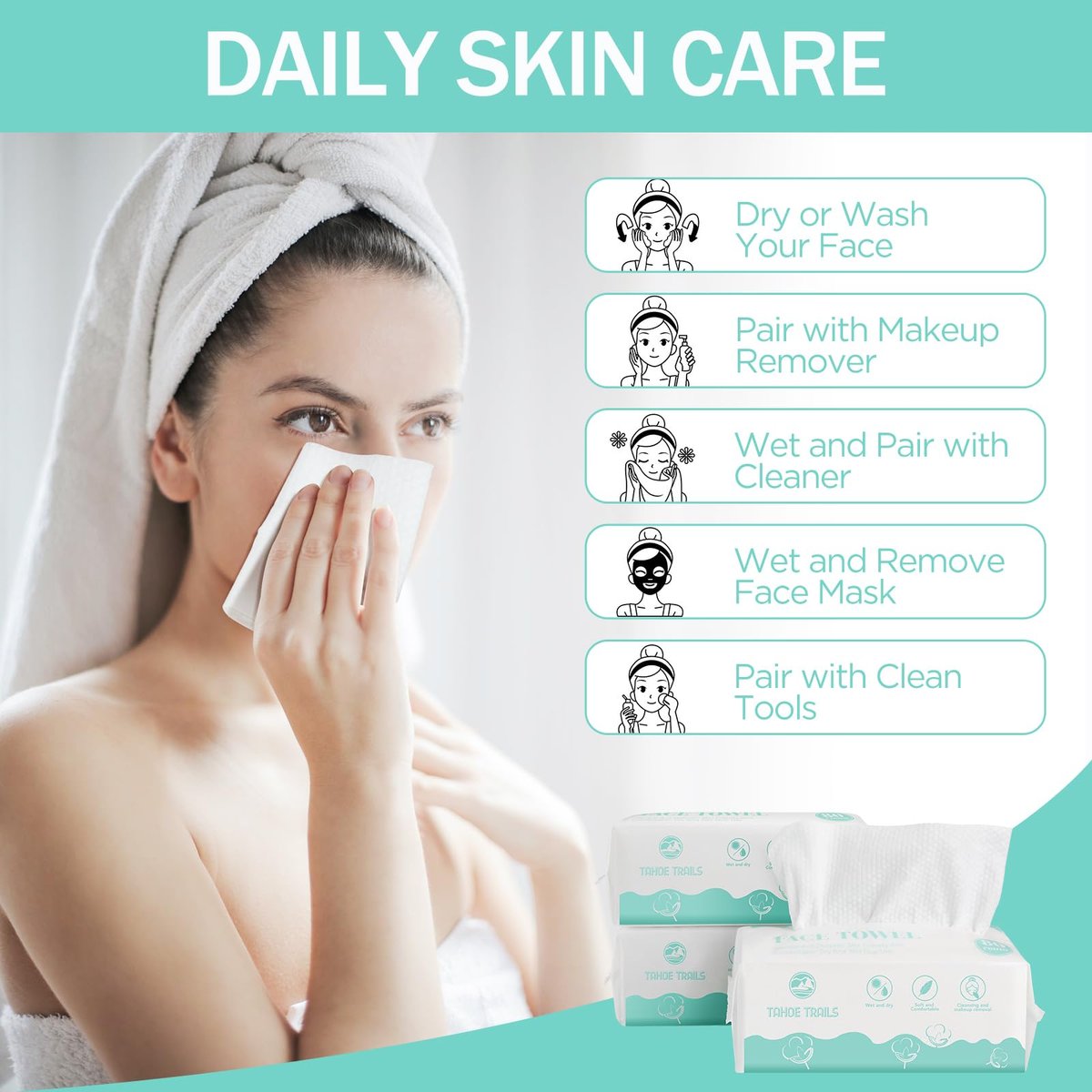 Tahoe Trails Disposable Face Towel – Soft Dry Wipe, Lint Free, Cotton Facial Tissue for Sensitive Skin, Makeup Removing & Surface Cleaning, 7.87 x 7.87 inch, 80 Count - görsel 13