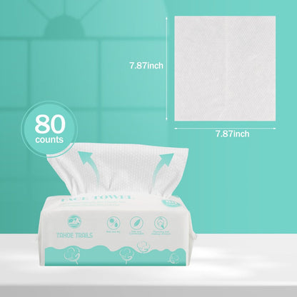 Tahoe Trails Disposable Face Towel – Soft Dry Wipe, Lint Free, Cotton Facial Tissue for Sensitive Skin, Makeup Removing & Surface Cleaning, 7.87 x 7.87 inch, 80 Count