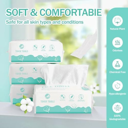 Tahoe Trails Disposable Face Towel – Soft Dry Wipe, Lint Free, Cotton Facial Tissue for Sensitive Skin, Makeup Removing & Surface Cleaning, 7.87 x 7.87 inch, 80 Count