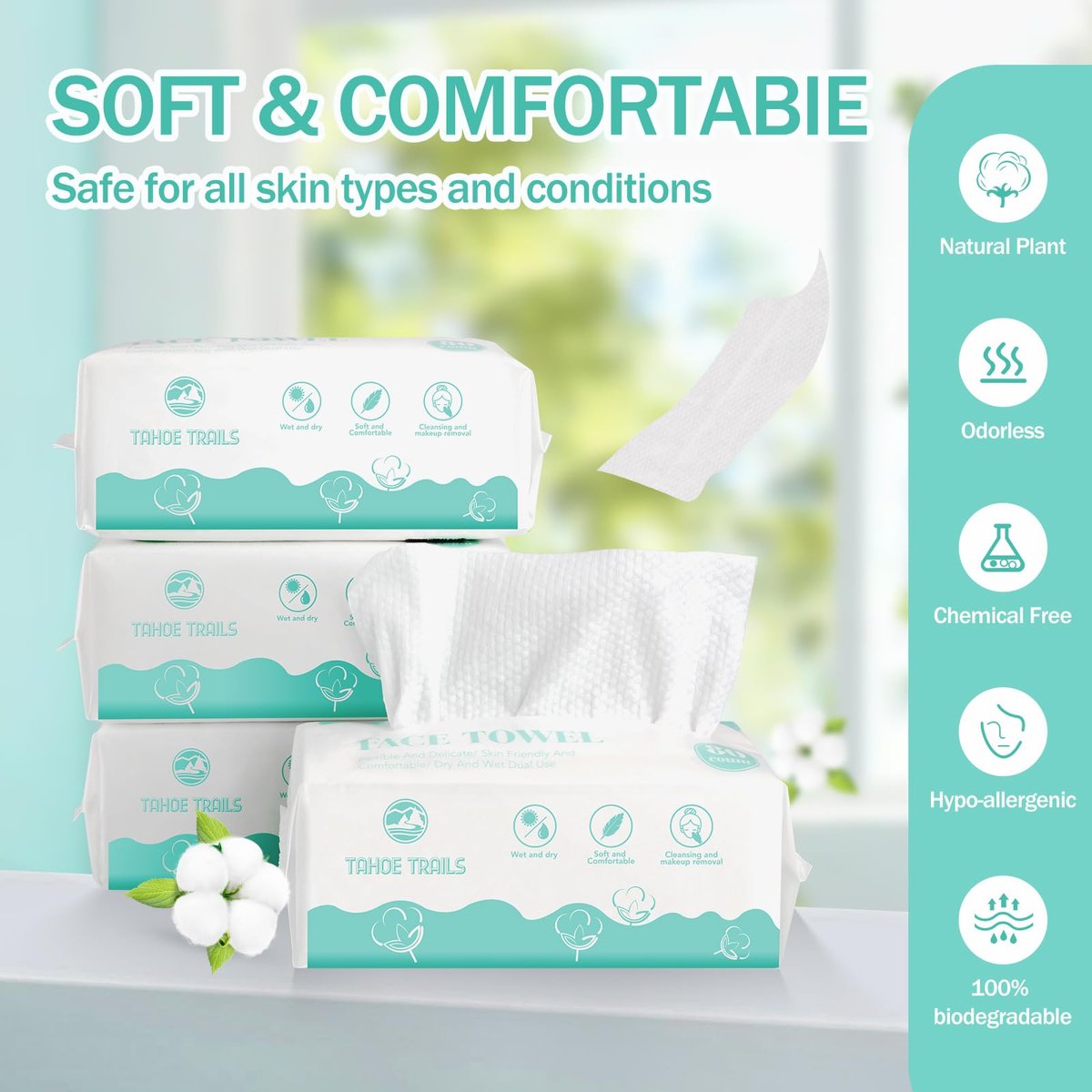 Tahoe Trails Disposable Face Towel – Soft Dry Wipe, Lint Free, Cotton Facial Tissue for Sensitive Skin, Makeup Removing & Surface Cleaning, 7.87 x 7.87 inch, 80 Count - görsel 3