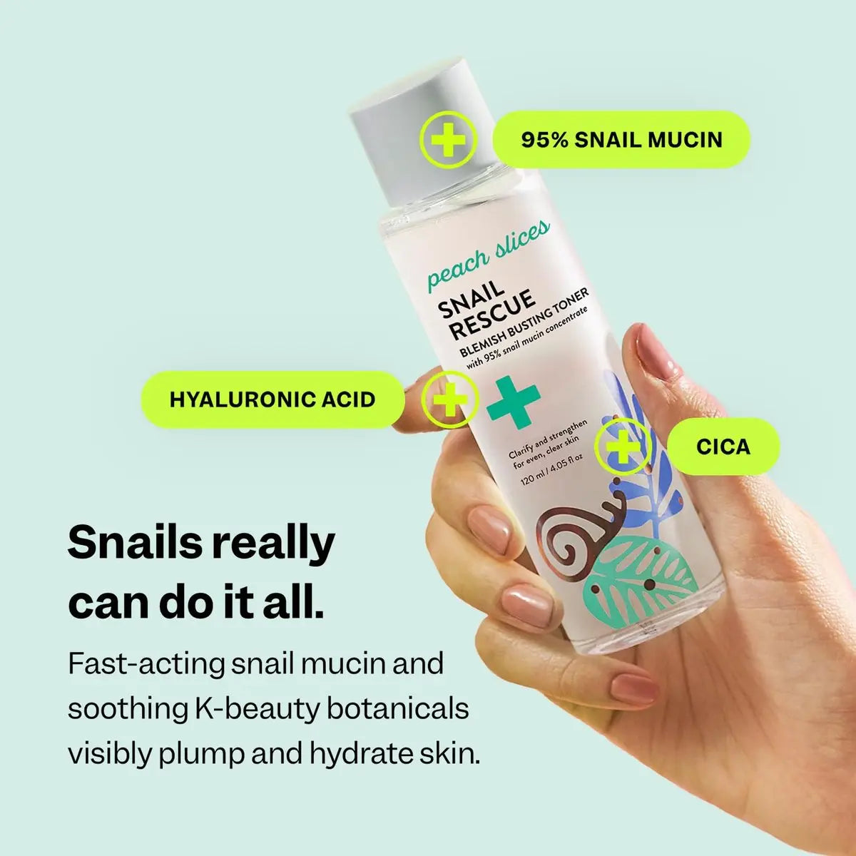 Peach Slices Snail Rescue Blemish Busting Toner - 95% Snail Mucin with Hyaluronic Acid & CICA - Clarify, Strengthen & Balance - 4.05 oz Avelisse