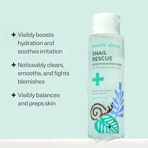 Peach Slices Snail Rescue Blemish Busting Toner - 95% Snail Mucin with Hyaluronic Acid & CICA - Clarify, Strengthen & Balance - 4.05 oz Avelisse