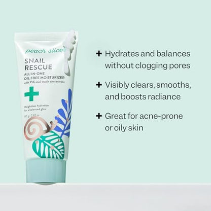 Peach Slices Snail Rescue All-in-One Oil Free Moisturizer - 95% Snail Mucin, Birch Juice, Hyaluronic Acid & Cica - Lightweight, Cruelty-Free Korean Skincare for Oily & Acne-Prone Skin (2.82 oz) Avelisse