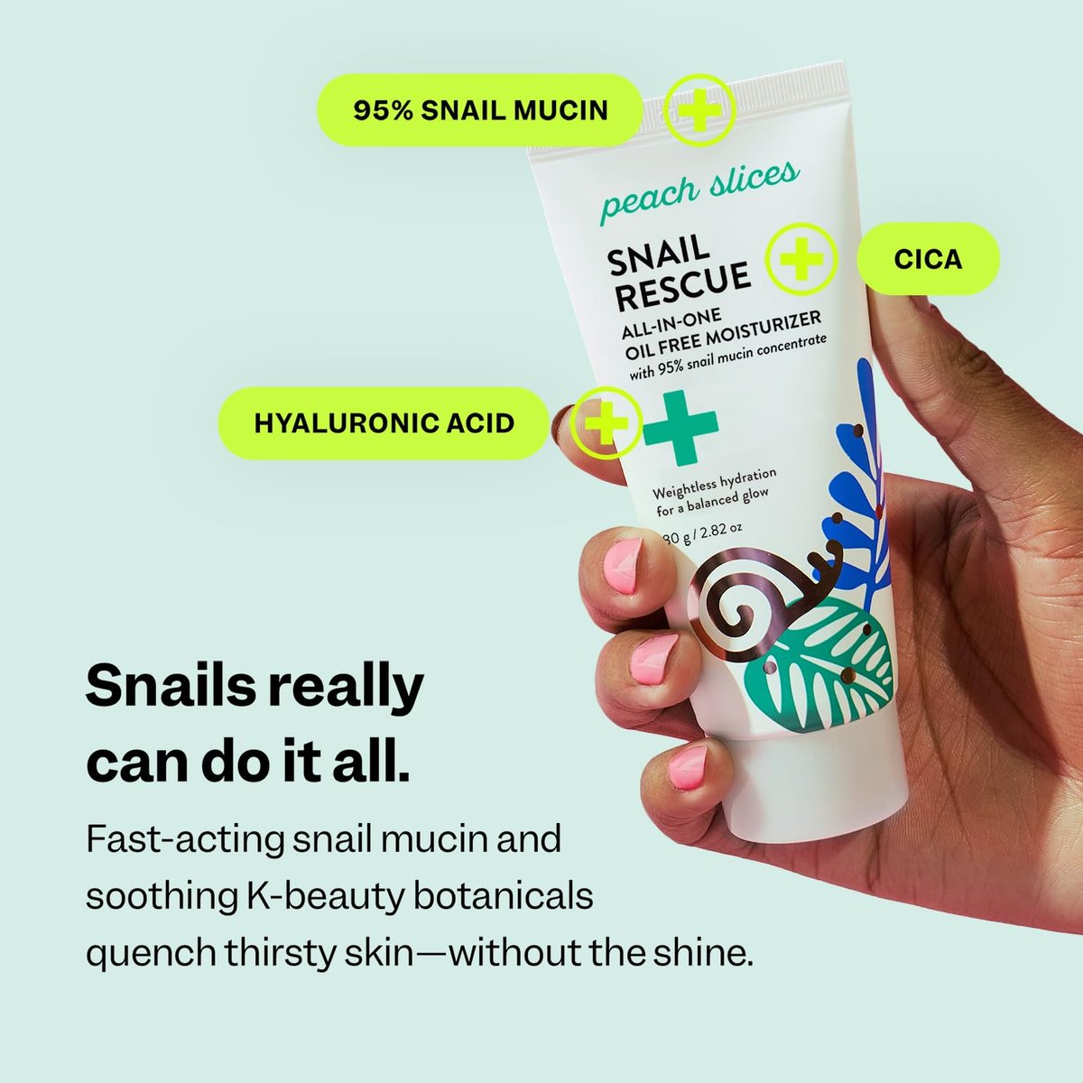 Peach Slices Snail Rescue All-in-One Oil Free Moisturizer - 95% Snail Mucin, Birch Juice, Hyaluronic Acid & Cica - Lightweight, Cruelty-Free Korean Skincare for Oily & Acne-Prone Skin (2.82 oz) Avelisse