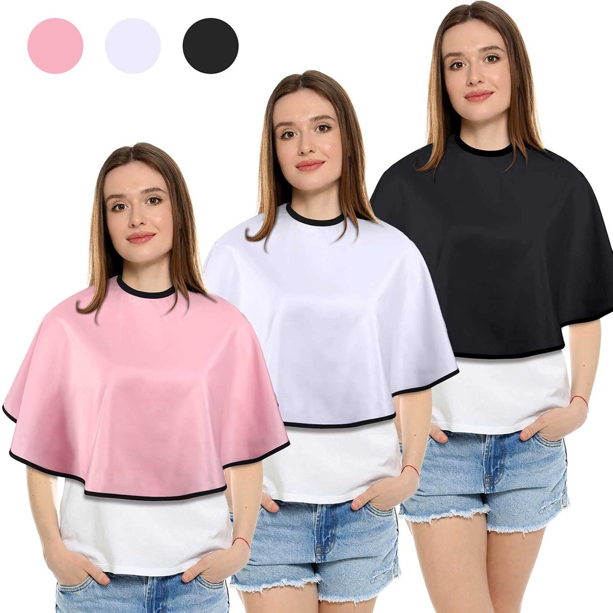 3-Piece Makeup Capes for Clients - Salon Hair Dye Aprons, Styling Shampoo Capes, Barber Short Smock (Black, White, Pink) Avelisse