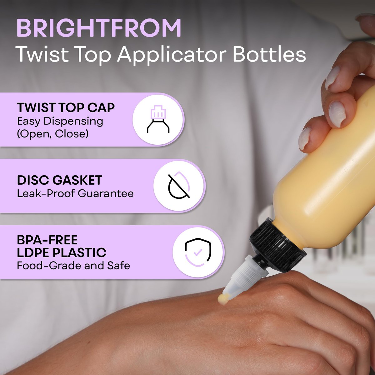 BRIGHTFROM Twist Top Applicator Bottles 4 oz (Pack of 2) - Squeeze Empty Plastic Bottles with Black Open/Close Nozzle, Refillable Multi-Purpose - görsel 3