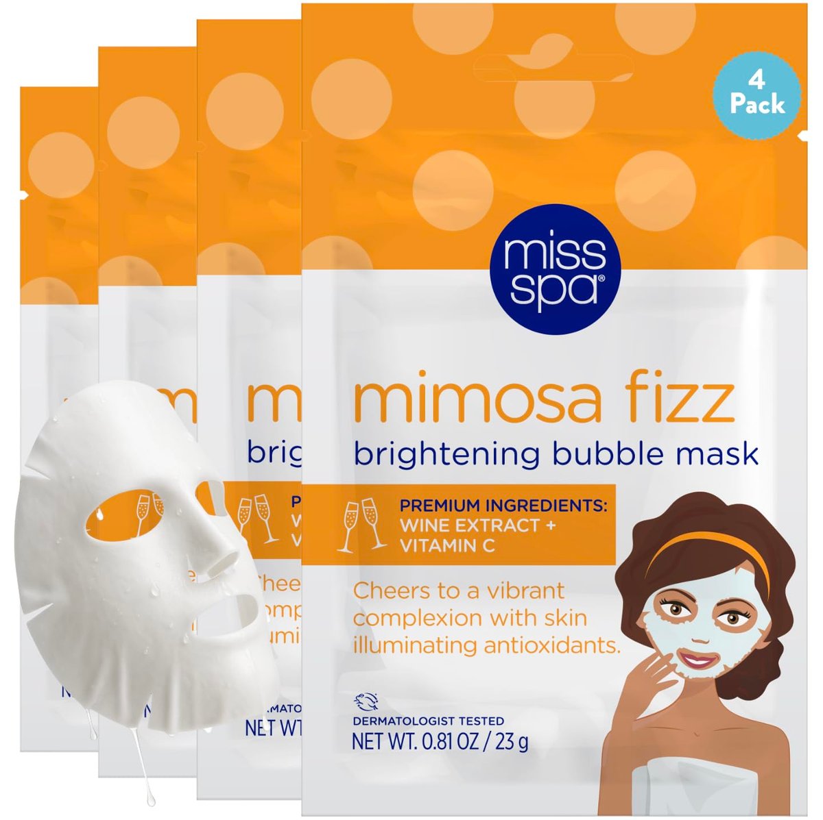 MISS SPA Brightening Bubbling Mask with Vitamin C – Hydrating Facial Sheet Mask for Glowing Skin, Anti-Aging, Dermatologist Tested (4 Pack) - görsel 1
