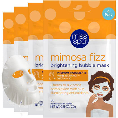 MISS SPA Brightening Bubbling Mask with Vitamin C – Hydrating Facial Sheet Mask for Glowing Skin, Anti-Aging, Dermatologist Tested (4 Pack)