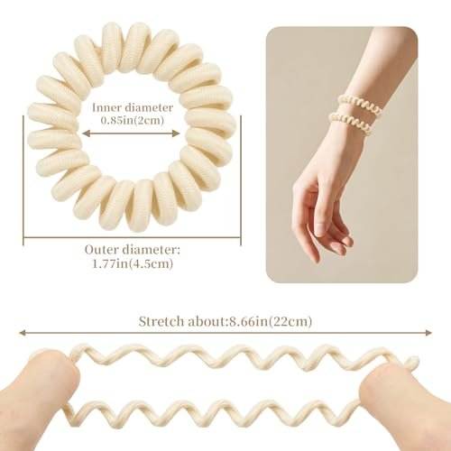 Spiral Cloth Hair Ties (Beige, 12 Pack) - No Crease Phone Cord Design Ponytail Holders for Thick & All Hair Types - görsel 6