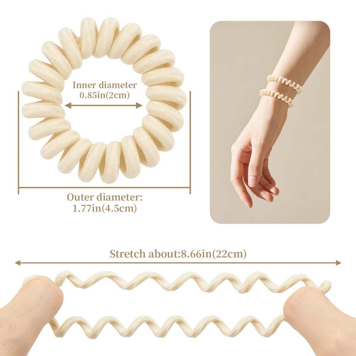 Spiral Cloth Hair Ties (Beige, 12 Pack) - No Crease Phone Cord Design Ponytail Holders for Thick & All Hair Types - görsel 5