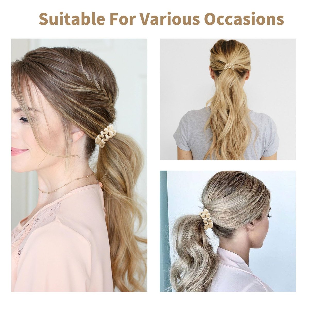 Spiral Cloth Hair Ties (Beige, 12 Pack) - No Crease Phone Cord Design Ponytail Holders for Thick & All Hair Types - görsel 7