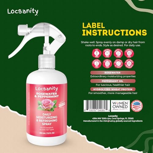 Locsanity Daily Moisturizing Rosewater & Peppermint Spray for Locs and Dreadlocks – Lightweight Frizz Control Hair & Scalp Moisturizer, Natural Loc Care, 12 fl oz Avelisse