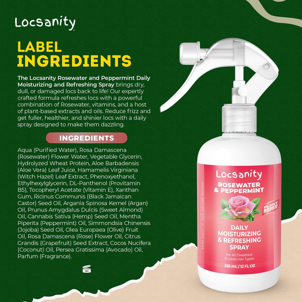 Locsanity Daily Moisturizing Rosewater & Peppermint Spray for Locs and Dreadlocks – Lightweight Frizz Control Hair & Scalp Moisturizer, Natural Loc Care, 12 fl oz Avelisse
