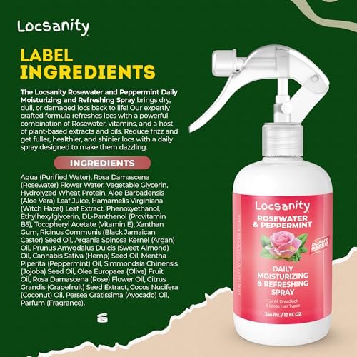 Locsanity Daily Moisturizing Rosewater & Peppermint Spray for Locs and Dreadlocks – Lightweight Frizz Control Hair & Scalp Moisturizer, Natural Loc Care, 12 fl oz Avelisse