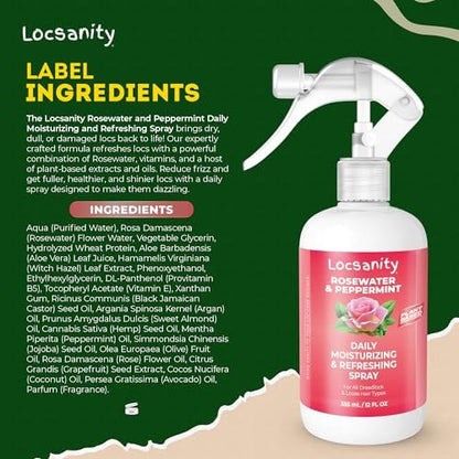Locsanity Daily Moisturizing Rosewater & Peppermint Spray for Locs and Dreadlocks – Lightweight Frizz Control Hair & Scalp Moisturizer, Natural Loc Care, 12 fl oz Avelisse