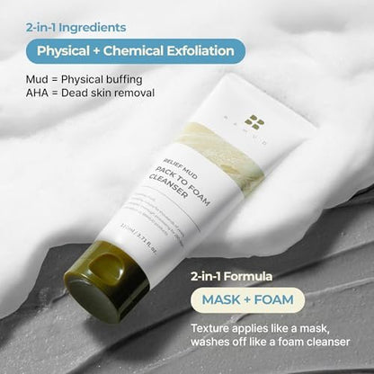 BRMUD Relief Mud Pack to Foam Cleanser - 2-in-1 Purifying & Hydrating Korean Foaming Clay Mask Facial Cleanser for Pore & Sebum Control - Makeup Cleansing Face Wash (3.71 fl oz)