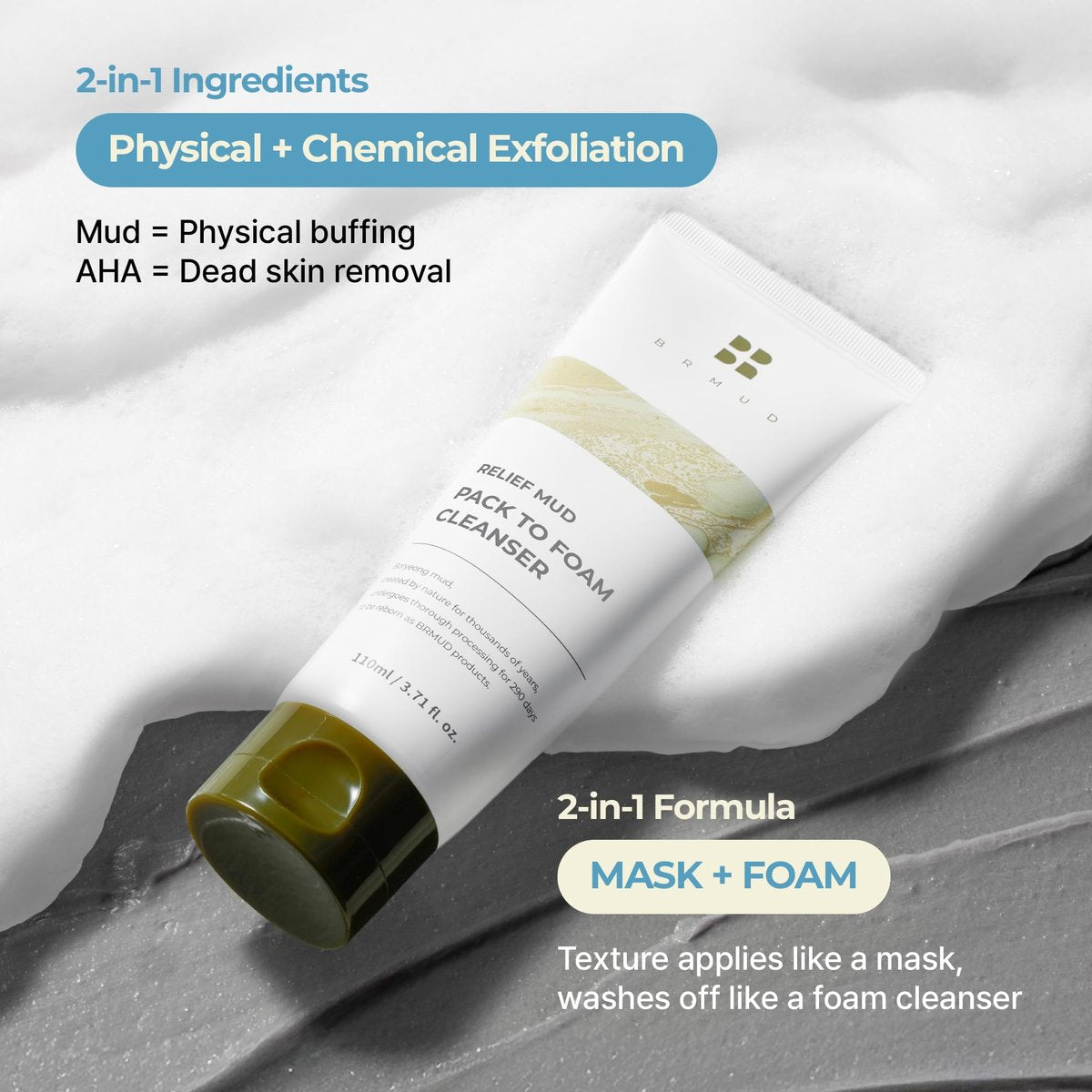 BRMUD Relief Mud Pack to Foam Cleanser - 2-in-1 Purifying & Hydrating Korean Foaming Clay Mask Facial Cleanser for Pore & Sebum Control - Makeup Cleansing Face Wash (3.71 fl oz) - görsel 13