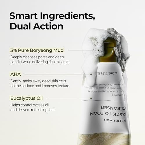 BRMUD Relief Mud Pack to Foam Cleanser - 2-in-1 Purifying & Hydrating Korean Foaming Clay Mask Facial Cleanser for Pore & Sebum Control - Makeup Cleansing Face Wash (3.71 fl oz) - görsel 10