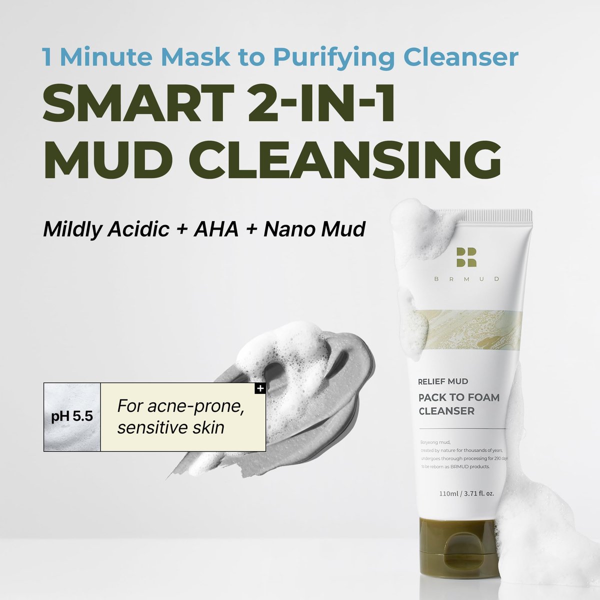 BRMUD Relief Mud Pack to Foam Cleanser - 2-in-1 Purifying & Hydrating Korean Foaming Clay Mask Facial Cleanser for Pore & Sebum Control - Makeup Cleansing Face Wash (3.71 fl oz) - görsel 3