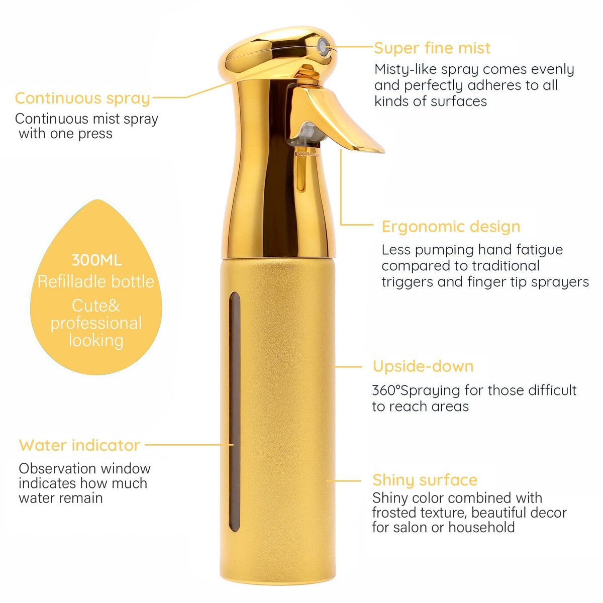 ZIBARBER Salon Style Hair Spray Misting Bottle – Fine Mist Continuous Spray, 10 oz Gold Aluminum Water Mister for Hairstyling & Cleaning Avelisse