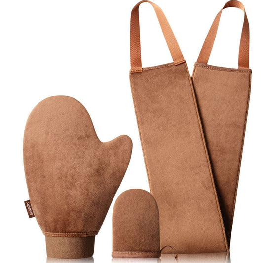 3-Pack Self Tanning Mitt Set with Back Applicator - Velvet Soft, Streak-Free Body Tanning Mitts for Flawless Sunless Tan at Home